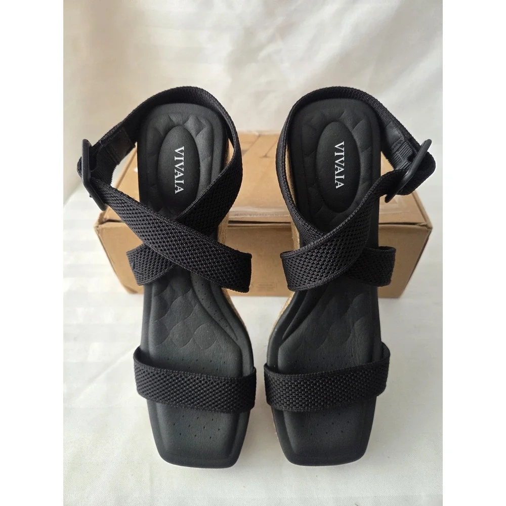 VIVAIA Lyla Black Knit Espadrille Wedge Sandals Square Toe Women Size EU 40 US 9